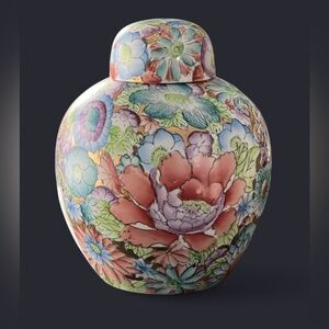 VINTAGE Large 10”Tall Chinese Porcelain Thousand Flowers Large Ovoid Covered Jar